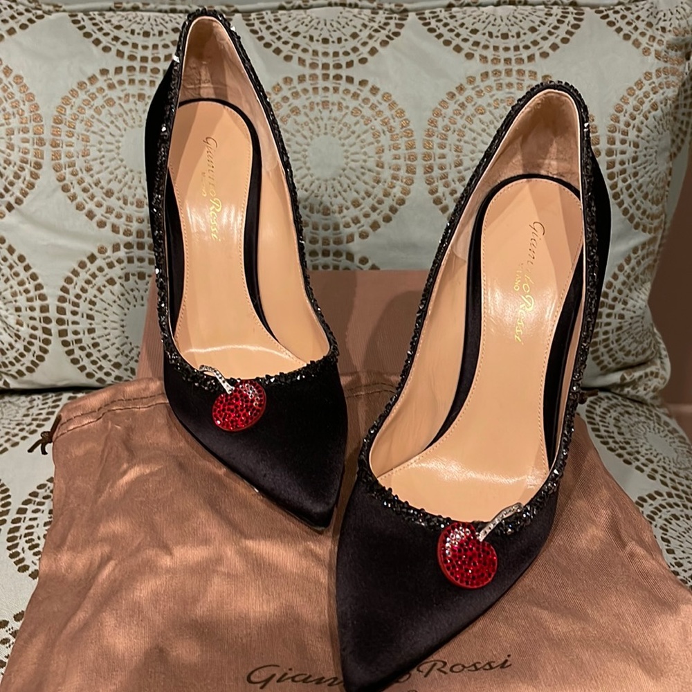 Gianvito Rossi Black Silk Pumps with red Rhinestone cherries! Size 37.5